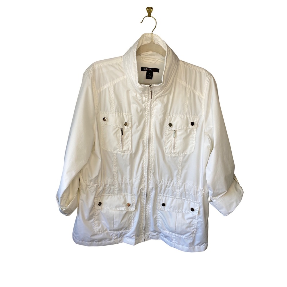 Style & Co Sport White Utility Jacket‎ Womens Medium Full Zip Roll Tab Sleeve M